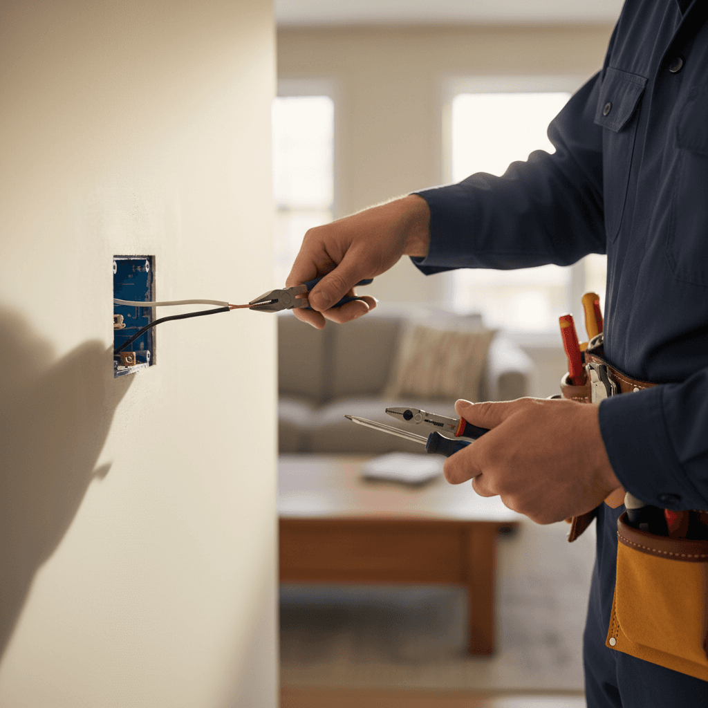 Electrician diagnosing electrical fault with multimeter
