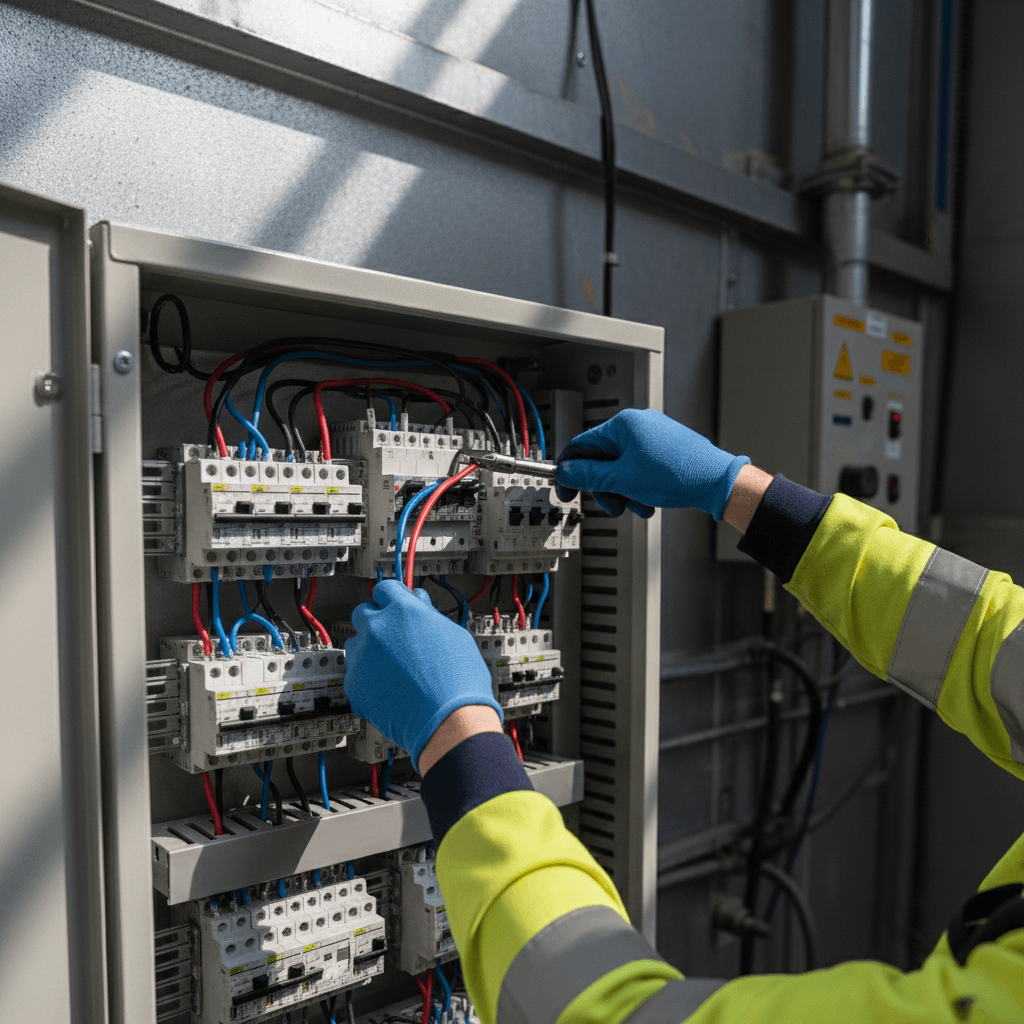 Industrial electrical installation with distribution board and safety equipment