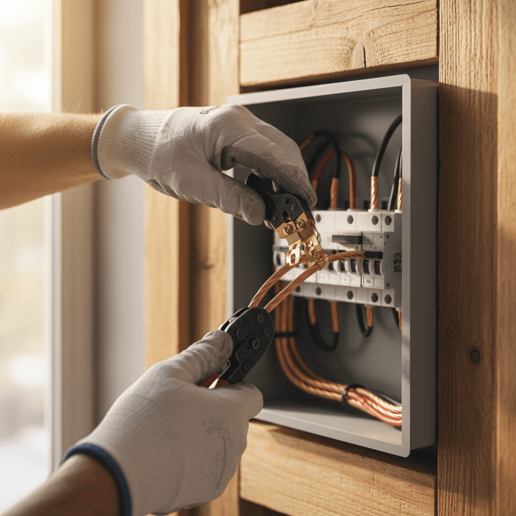 Electrician installing wiring and distribution boards in a residential space
