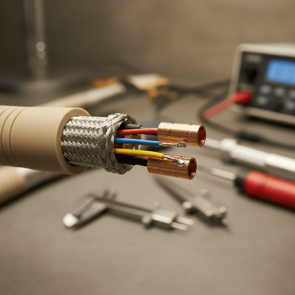 Electrician installing and crimping telecommunications network cable with precision tools