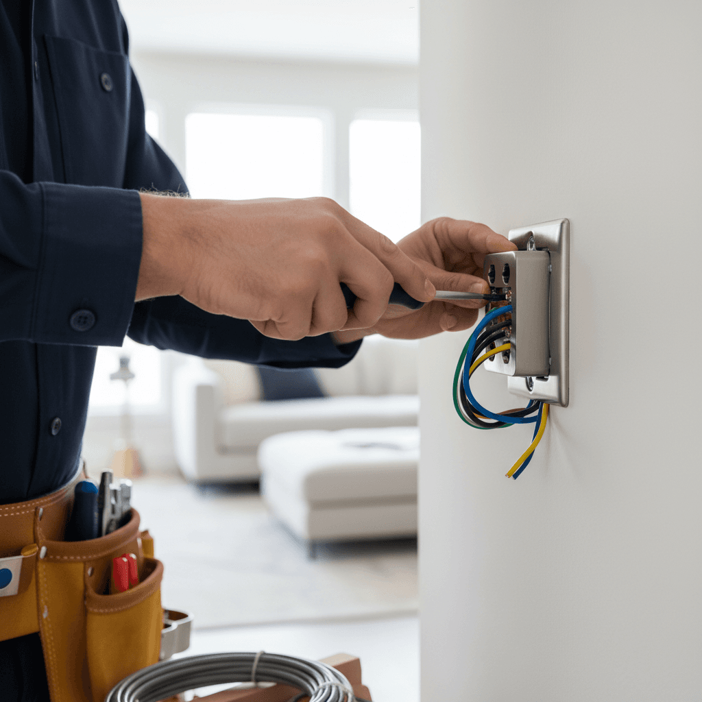 Domestic electrical installation with electrician installing outlet