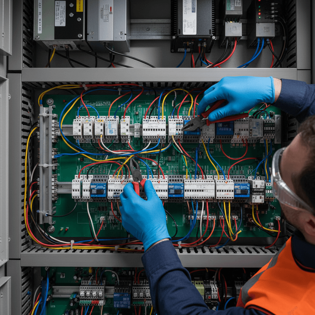 Technician installing electrical wiring into a distribution board